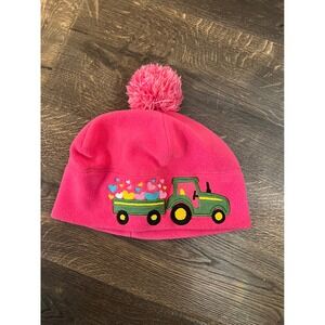 John Deere Toddler Girls Pink Fleece Tractor Heart Pom Pom Beanie Hat